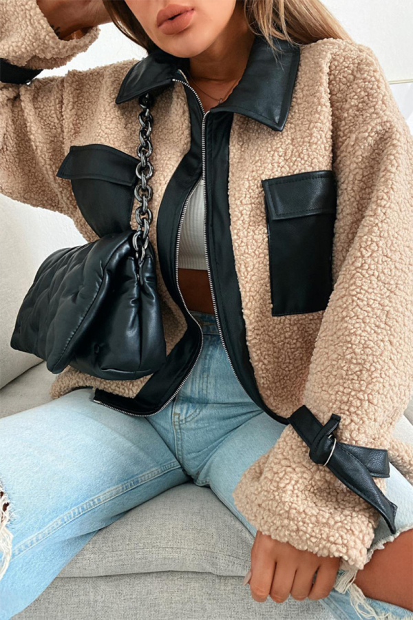 Khaki Casual Solid Patchwork Turndown Collar Outerwear