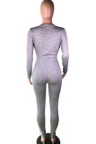 Grey Fashion street Solid Long Sleeve V Neck Jumpsuits