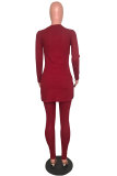 Red Elastic Fly High Solid pencil Pants Two-piece suit