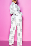White Casual Print Letter Turndown Collar Loose Jumpsuits