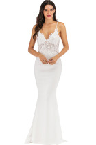White Polyester Sexy Spaghetti Strap Sleeveless Slip Step Skirt Floor-Length lace Solid Club Dresses