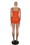Orange Fashion Sexy Spaghetti Strap Sleeveless Slip Slim Dress Mid-Calf bandage asymmetrical Drap