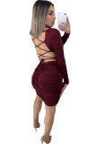 Wine Red Milk. Sexy Cap Sleeve Long Sleeves O neck Step Skirt skirt backless Solid Draped