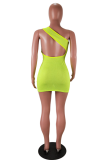 Fluorescent green Sexy Solid Patchwork One Shoulder Wrapped Skirt Dresses