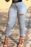 Baby Blue Casual Solid Ripped Buttons Pants Mid Waist Skinny Denim