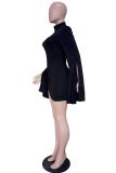 Black Polyester Fashion Sexy adult Bell sleeve Long Sleeves Turtleneck Step Skirt Mini split Patchwork Sol