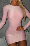 Pink Fashion Sexy Solid Basic O Neck Long Sleeve Dress