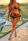Green Fashion Sexy Print Strap Design V Neck Long Sleeve Two Pieces