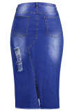 Blue Casual Patchwork Tassel Straight Mid Waist Straight Patchwork Bottoms
