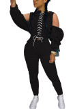 Black Fashion Sexy Adult Solid Bandage Split Joint O Neck Long Sleeve Cold Shoulder Regular Two Pieces