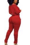 Red Street Twilled Satin Solid Fold Strap Design O Neck Long Sleeve Regular Sleeve Short Two Pieces