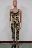 Yellow Polyester Fashion Casual Leopard Patchwork Two Piece Suits pencil Sleeveless Two Pieces