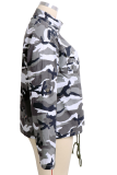 Deep Blue Casual Print Draw String Turndown Collar Tops