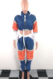 Blue Polyester Fashion Active adult Ma'am Patchwork contrast color Two Piece Suits pencil Long Sleeve Two Pieces
