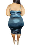 Blue Fashion Sexy adult V Neck Patchwork Solid Draped Stitching Plus Size