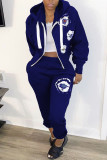 Deep Blue Fashion Casual Print Basic Hooded Collar Long Sleeve Two Pieces