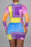 Multi-color Casual Print Patchwork Zipper Collar Pencil Skirt Dresses