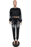 Black Casual Print Patchwork Beading O Neck Long Sleeve Two Pieces