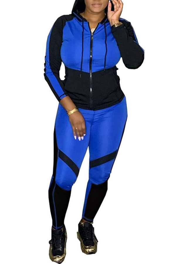 Blue Sexy Casual Sportswear Blends Patchwork Print Color Block Patchwork Hooded Collar Long Sleeve Regular Sleeve Regular Two Pieces
