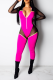 Pink Sexy Patchwork See-through Mesh O Neck Skinny Jumpsuits