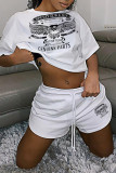 Grey Fashion Casual Print Basic O Neck Short Sleeve Two Pieces