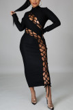Black Sexy Solid Bandage Hollowed Out O Neck Dresses