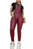 Wine Red Fashion Sexy Adult Faux Leather Solid Split Joint Spaghetti Strap Skinny Jumpsuits