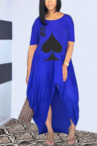 Blue OL Short Sleeves Asymmetrical Ankle-Length Print asymmetrical Dresses