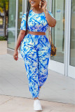 Blue Fashion Casual Tie Dye Printing O Neck Short Sleeve Two Pieces