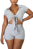 Light Gray Fashion Sexy Patchwork bandage Hollow Solid Short Sleeve V Neck Jumpsuits