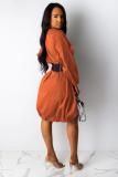 Orange Casual lantern sleeve Long Sleeves O neck Lantern skirt Knee-Length lip