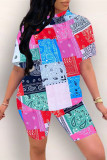 Purple Fashion Casual Print Basic O Neck Short Sleeve Two Pieces