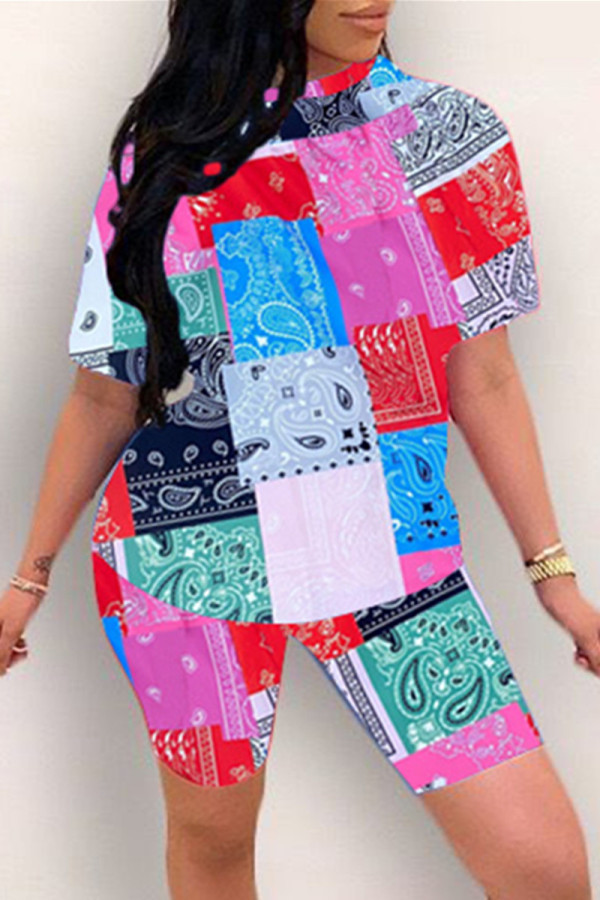 Purple Fashion Casual Print Basic O Neck Short Sleeve Two Pieces