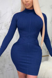 Blue Sexy Solid Split Joint O Neck Pencil Skirt Dresses