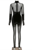 Black Fashion Sexy Patchwork Solid See-through O Neck Skinny Jumpsuits