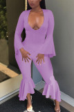 purple Fashion Light Asymmetrical Solid Long Sleeve V Neck Jumpsuits
