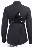 Black Turndown Collar Long Sleeve Patchwork Solid backless HOLLOWED OUT Tops