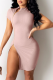Light Pink Sexy Casual Solid Slit Zipper Half A Turtleneck Short Sleeve Dress
