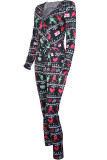 Black Sexy Print Patchwork V Neck Skinny Jumpsuits