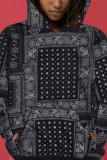 Black Work Daily Polyester Print Hooded Collar Outerwear