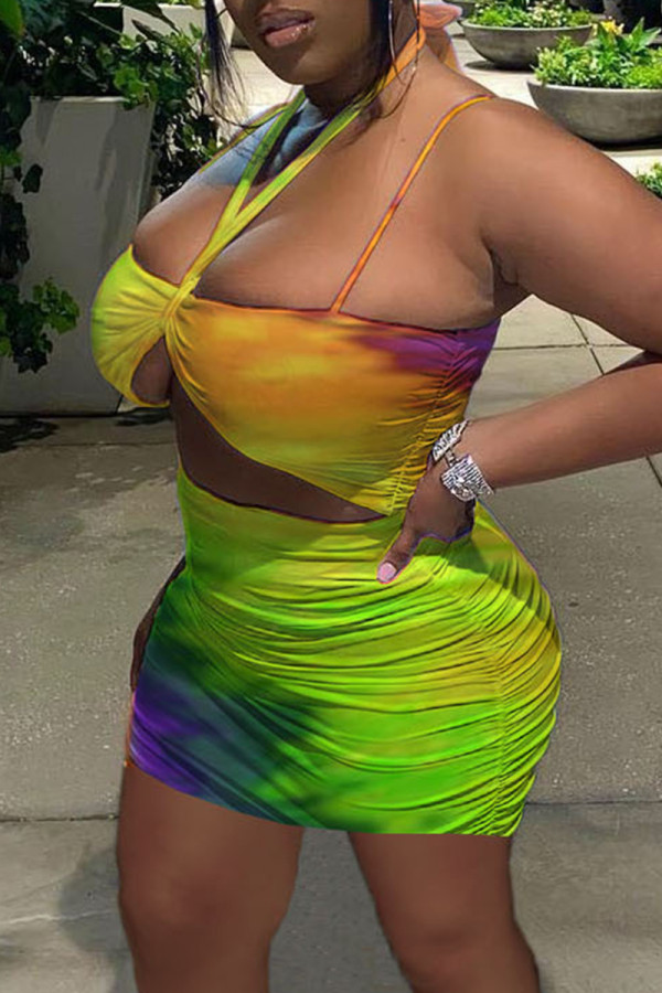 Yellow Fashion Sexy Print Hollowed Out Backless Spaghetti Strap Sleeveless Dress