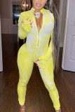 Yellow Sexy Polyester Spandex Print Split Joint Tie-dye O Neck Skinny Jumpsuits