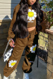 Coffee Casual Print Hooded Collar Long Sleeve Two Pieces