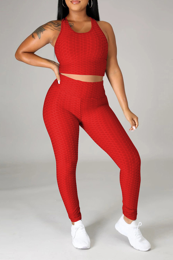 Red Sportswear Solid Patchwork O Neck Sleeveless Two Pieces