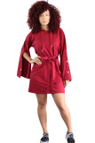 Red Polyester Street lantern sleeve Long Sleeves Hooded A-Line Knee-Length fastener Solid Casual Dresse