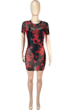 Red Sexy Print Mesh O Neck Short Sleeve Two Pieces