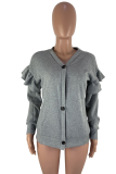 Grey Casual Solid Buttons V Neck Tops