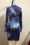 Blue Sexy Print O Neck Pencil Skirt Dresses