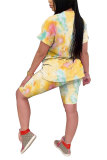 Yellow Polyester Fashion Casual adult Patchwork Print Tie Dye Gradient Two Piece Suits pencil Short Sleeve Two Pieces