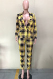 Yellow venetian Celebrities Plaid Two Piece Suits Print pencil Long Sleeve 